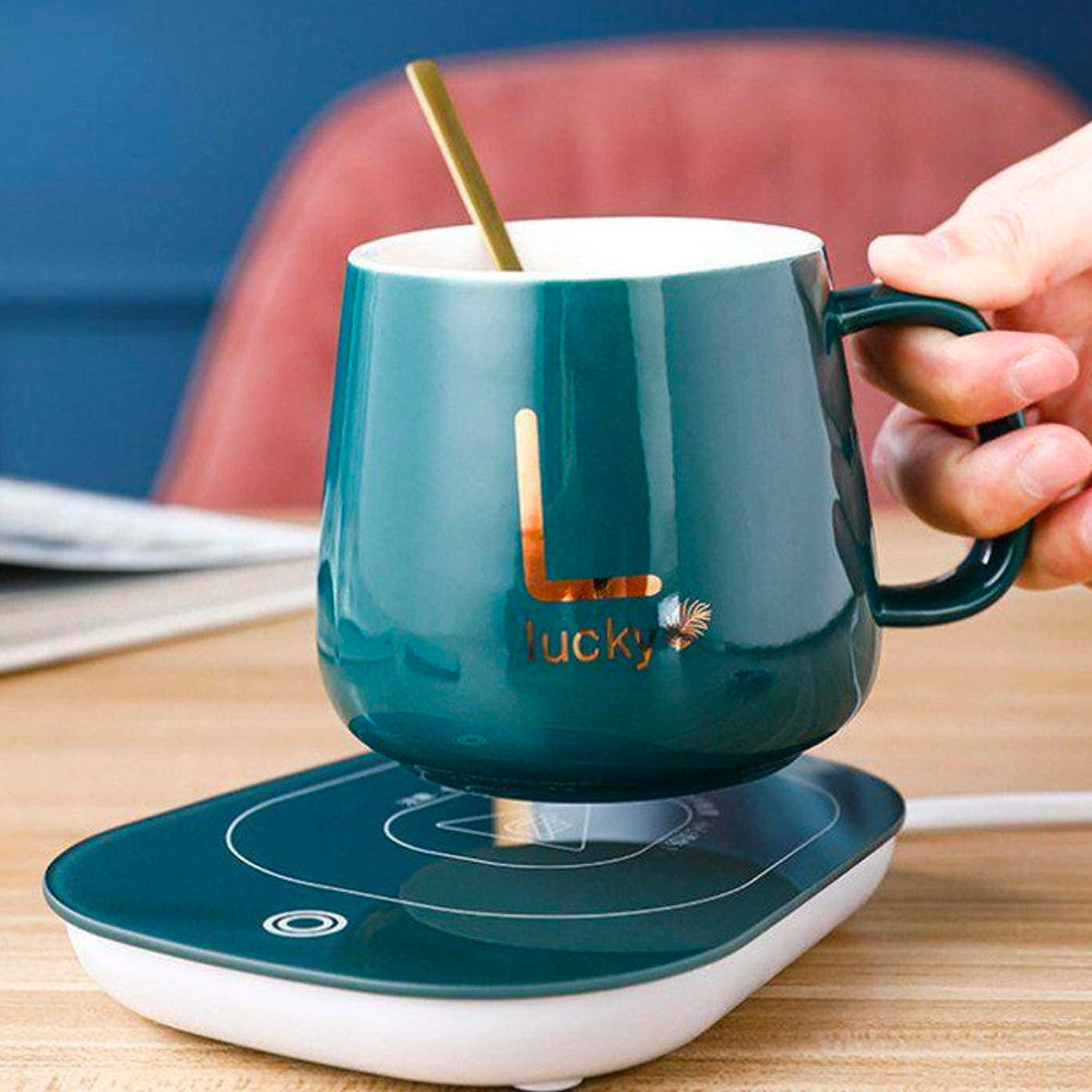 Чашка 400мл на підставці з підігрівом до +55 °С, Зелена / Чашка керамічна з ложкою в подарунковій упаковці