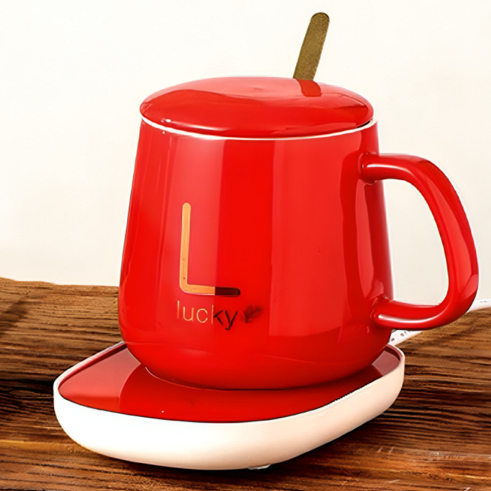 Чашка 400мл на підставці з підігрівом до +55 °С, Червоний / Чашка керамічна з ложкою в подарунковій упаковці