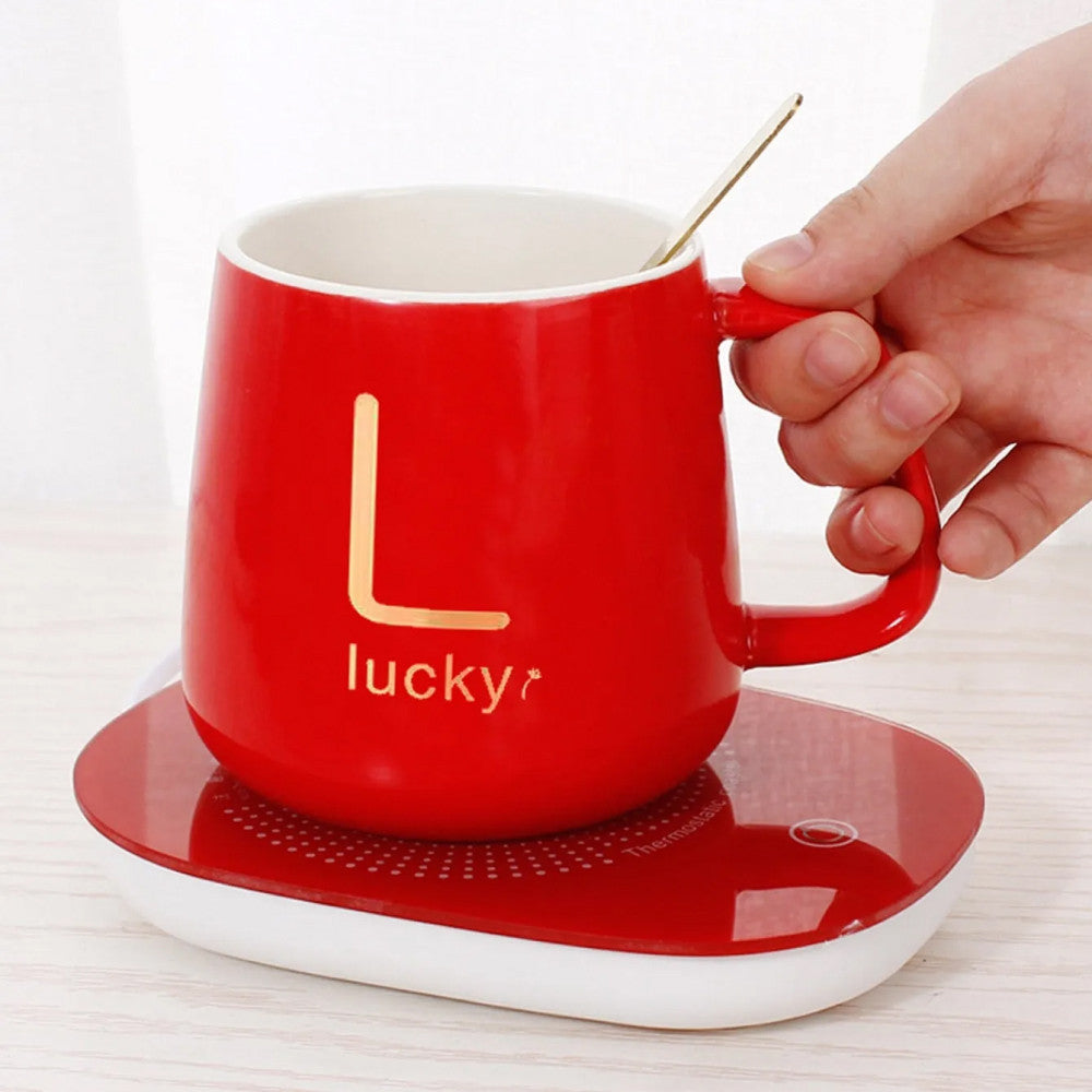 Чашка 400мл на підставці з підігрівом до +55 °С, Червоний / Чашка керамічна з ложкою в подарунковій упаковці