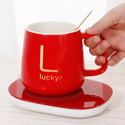 Чашка 400мл на підставці з підігрівом до +55 °С, Червоний / Чашка керамічна з ложкою в подарунковій упаковці