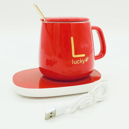 Чашка 400мл на підставці з підігрівом до +55 °С, Червоний / Чашка керамічна з ложкою в подарунковій упаковці