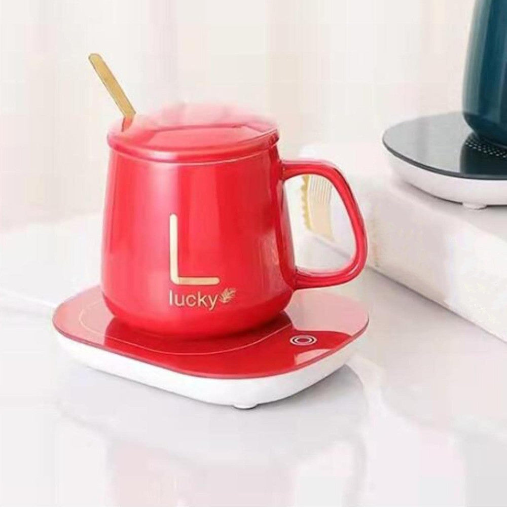 Чашка 400мл на підставці з підігрівом до +55 °С, Червоний / Чашка керамічна з ложкою в подарунковій упаковці