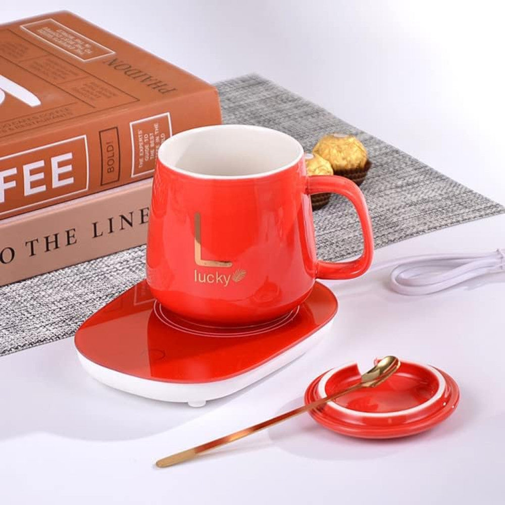 Чашка 400мл на підставці з підігрівом до +55 °С, Червоний / Чашка керамічна з ложкою в подарунковій упаковці