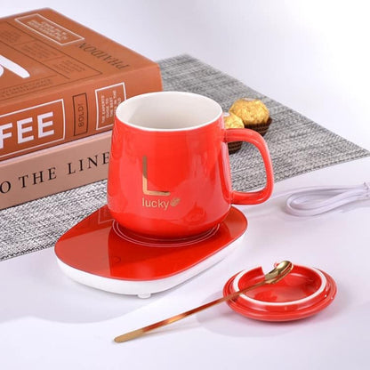 Чашка 400мл на підставці з підігрівом до +55 °С, Червоний / Чашка керамічна з ложкою в подарунковій упаковці