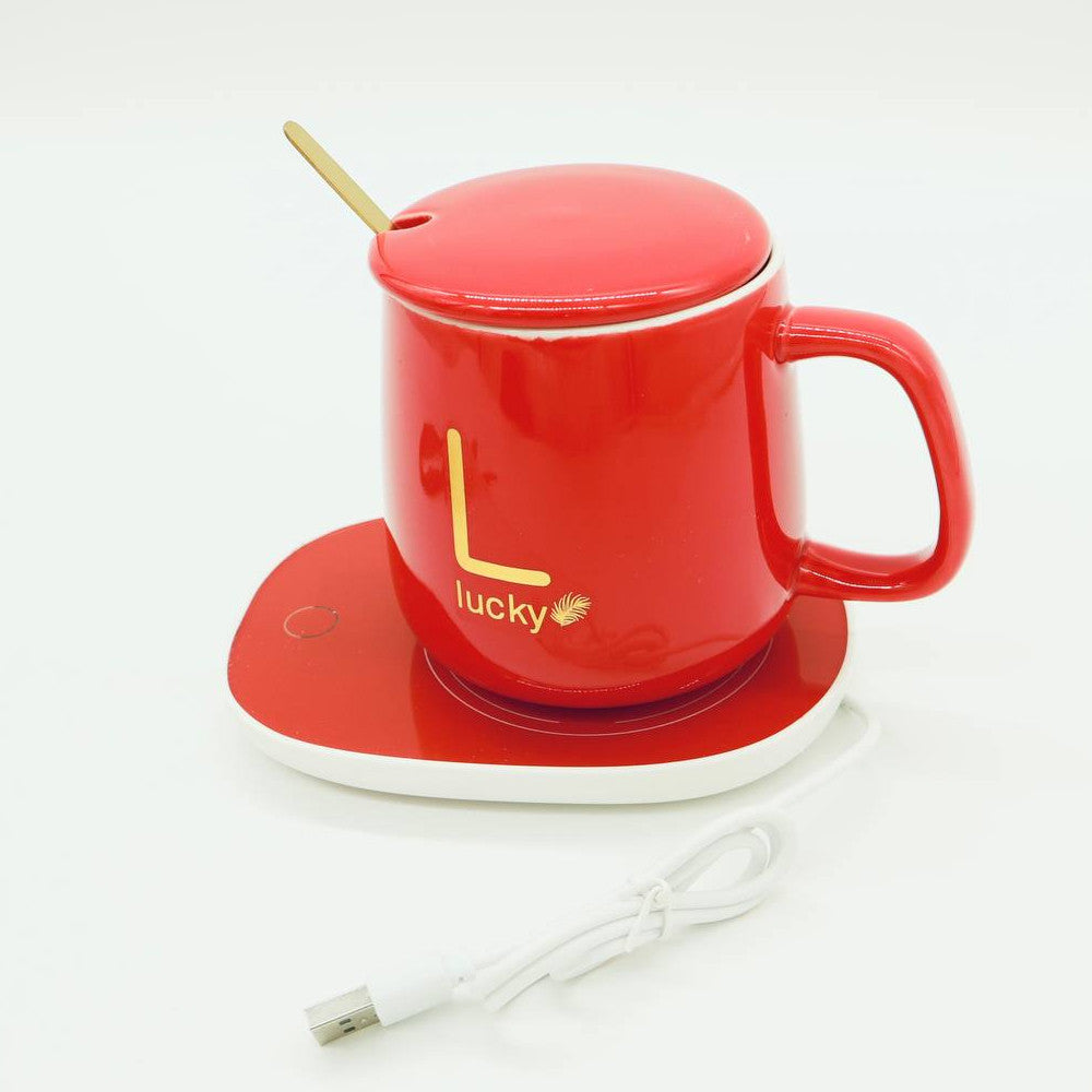 Чашка 400мл на підставці з підігрівом до +55 °С, Червоний / Чашка керамічна з ложкою в подарунковій упаковці