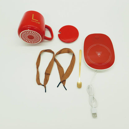 Чашка 400мл на підставці з підігрівом до +55 °С, Червоний / Чашка керамічна з ложкою в подарунковій упаковці