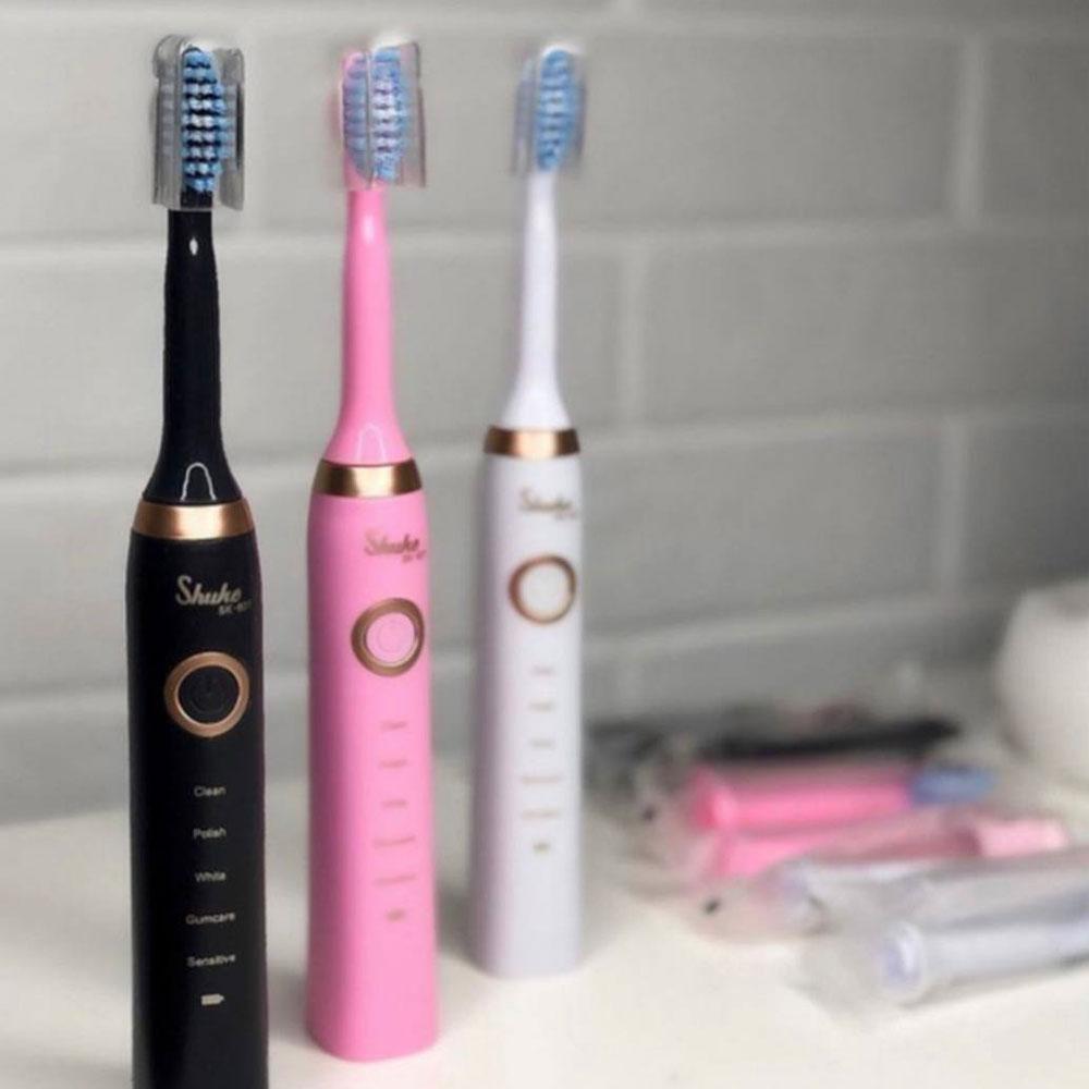 Електрична зубна щітка Shuke з 4 насадками Рожева / Акумуляторна зубна щітка / Зубні щітки