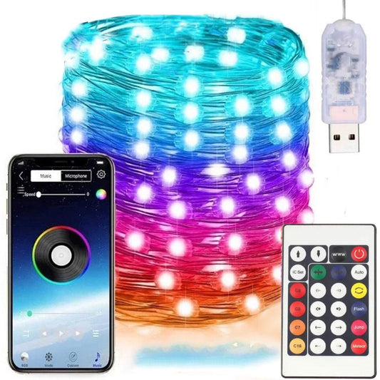 Світлодіодна смарт гірлянда 10 м, від USB + пульт / Розумна стрічка RGB з Bluetooth / Гірлянда від повербанк