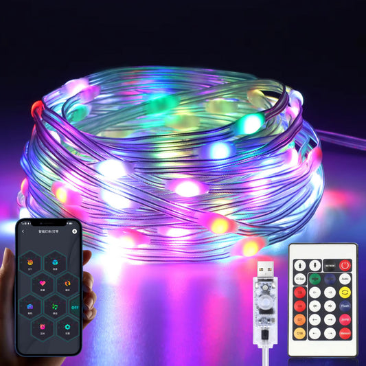 Світлодіодна смарт гірлянда 5 м, від USB + пульт / Розумна стрічка RGB з Bluetooth / Гірлянда від повербанк