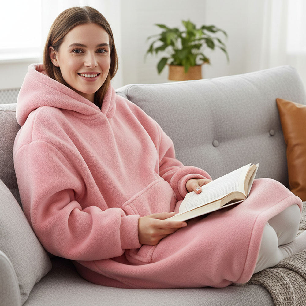 Оверсайз плед-халат з капюшоном 100х80см, Huggle Hoodie, Рожевий / Толстовка худі для дому / Плед з рукавами