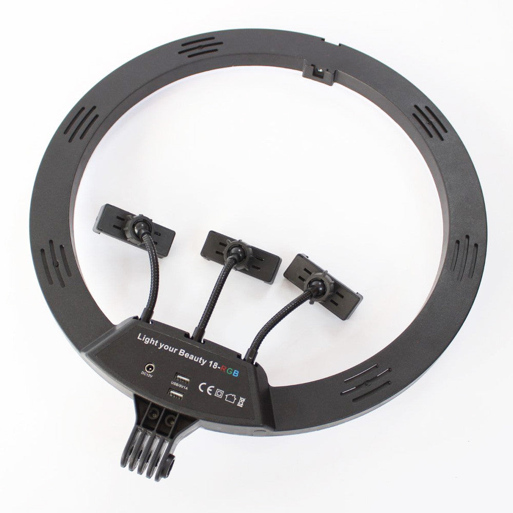 Кільцева лампа 45 см RGB, MJ45 / Різнокольорова світлодіодна LED лампа з 3 тримачами та пультом