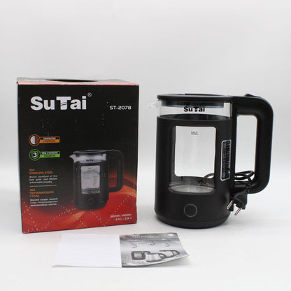 Скляний електрочайник з підсвічуванням, 2.3л, 1500Вт, Su Tai ST-2078, Чорний / Електричний чайник дисковий
