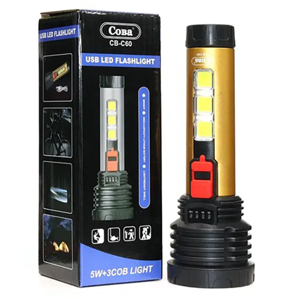 Потужний ручний ліхтар акумуляторний 1LED5W + 3xCOB, 1х18650, CB-C60, Чорно-жовтий / Світлодіодний ліхтарик з бічним світлом