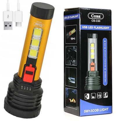 Потужний ручний ліхтар акумуляторний 1LED5W + 3xCOB, 1х18650, CB-C60, Чорно-жовтий / Світлодіодний ліхтарик з бічним світлом