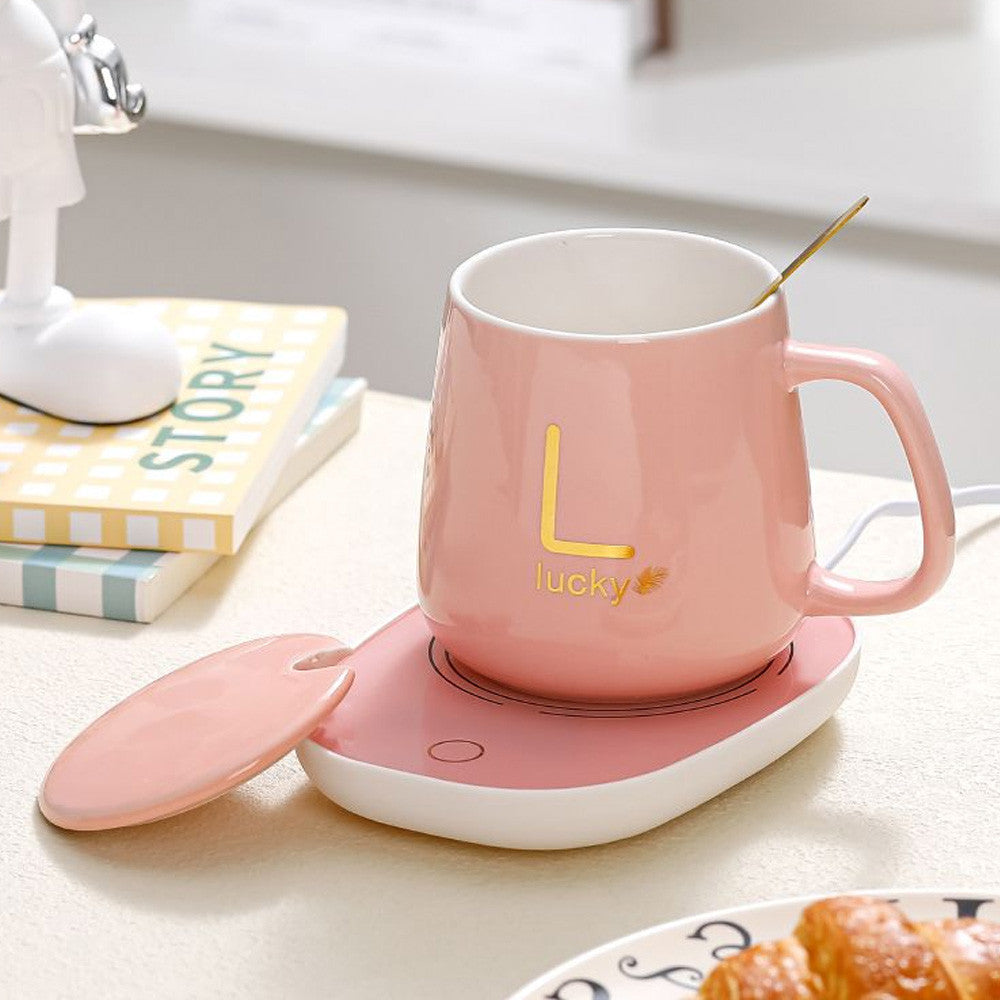 Чашка 400мл на підставці з підігрівом до +55 °С, Рожева / Чашка керамічна з ложкою в подарунковій упаковці