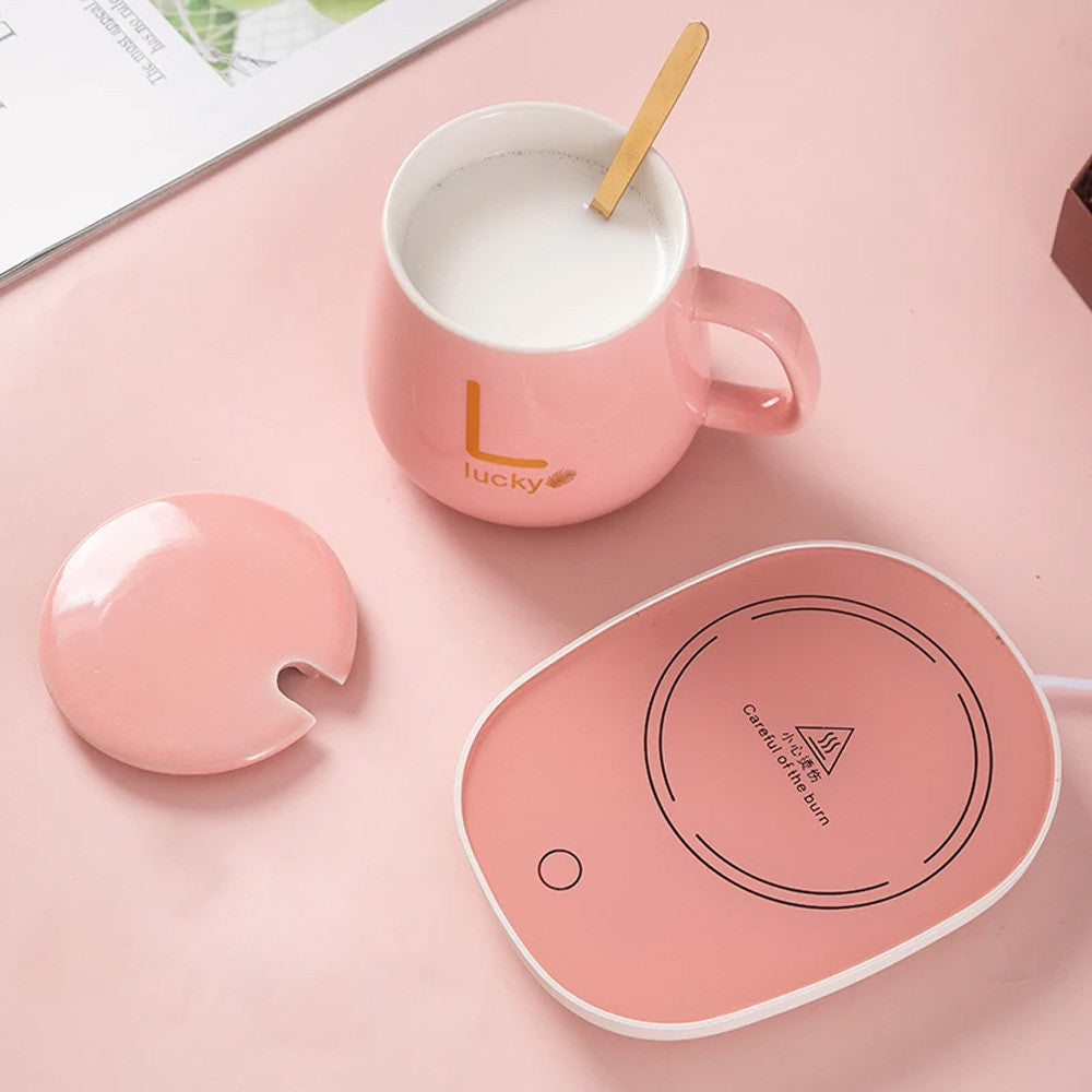 Чашка 400мл на підставці з підігрівом до +55 °С, Рожева / Чашка керамічна з ложкою в подарунковій упаковці