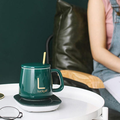 Чашка 400мл на підставці з підігрівом до +55 °С, Зелена / Чашка керамічна з ложкою в подарунковій упаковці