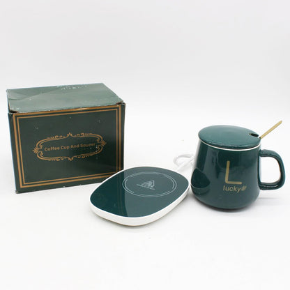 Чашка 400мл на підставці з підігрівом до +55 °С, Зелена / Чашка керамічна з ложкою в подарунковій упаковці