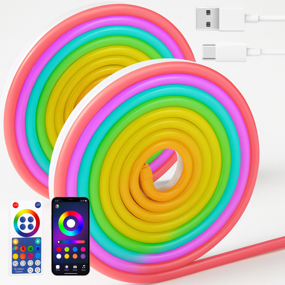 Набір 2шт Неонова стрічка 5м, від USB, з Bluetooth та пультом / Світлодіодна підсвітка в кімнату / Гнучкий неон