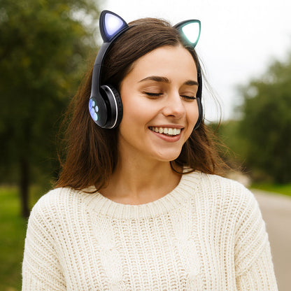 Бездротові навушники Котячі вушка VZV-23M, Чорні / Дитячі навушники з підсвічуванням та мікрофоном