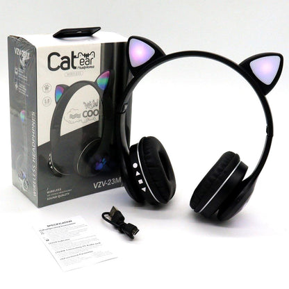Бездротові навушники Котячі вушка VZV-23M, Чорні / Дитячі навушники з підсвічуванням та мікрофоном