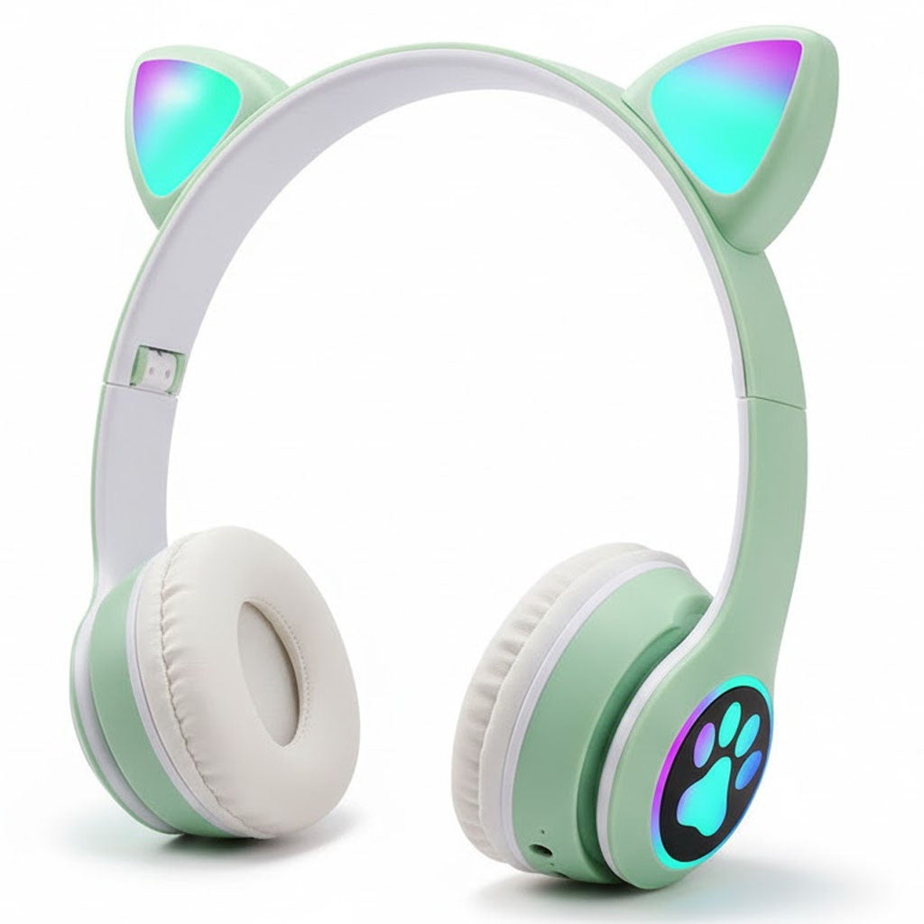 Бездротові навушники Котячі вушка VZV-23M, Зелені / Дитячі навушники з підсвічуванням та мікрофоном