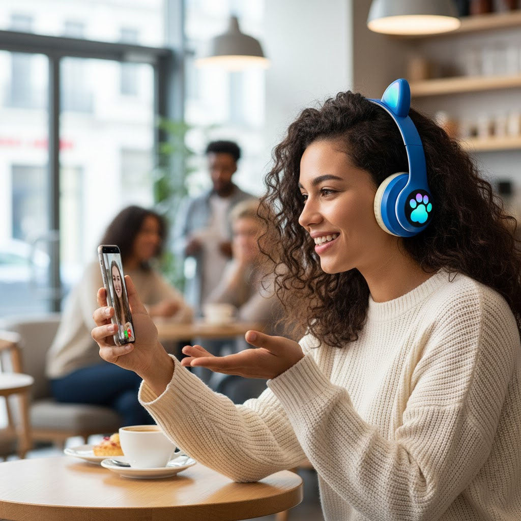 Бездротові навушники Котячі вушка VZV-23M, Сині / Дитячі навушники з підсвічуванням та мікрофоном