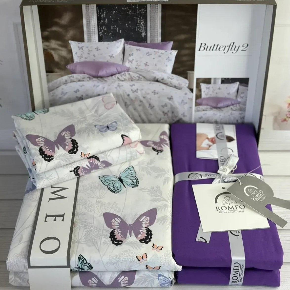 Постільна білизна бавовна, Євро розмір, подарункова упаковка, Romeo Home Poplin Butterfly 2 / Бавованяна постільна білизна