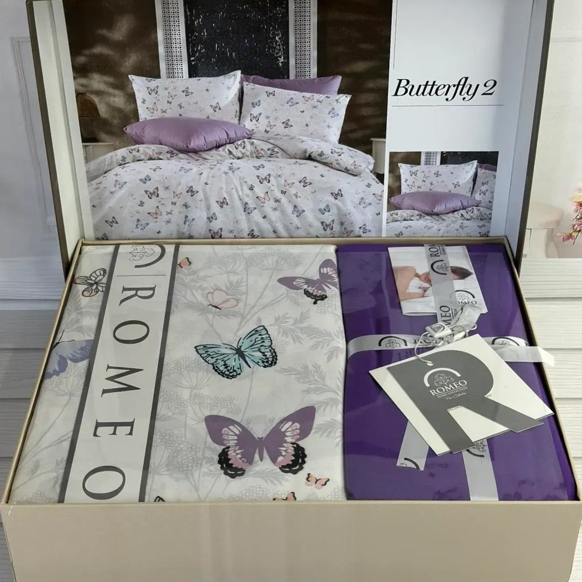 Постільна білизна бавовна, Євро розмір, подарункова упаковка, Romeo Home Poplin Butterfly 2 / Бавованяна постільна білизна