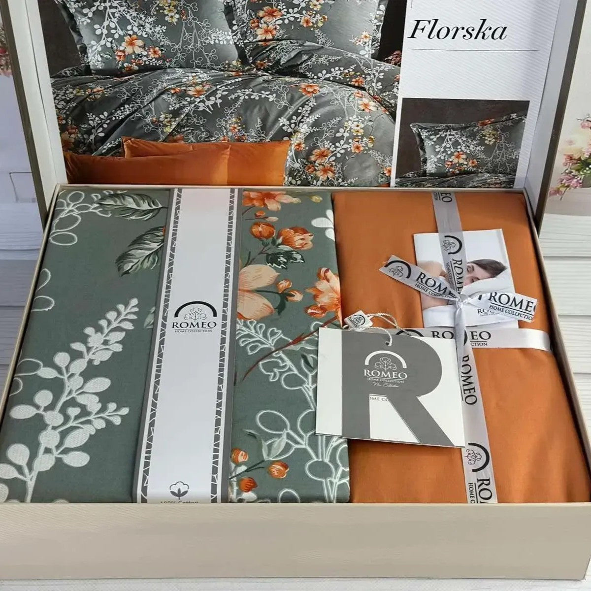 Постільна білизна поплін, Євро розмір, подарункова упаковка, Romeo Home Poplin Florska / Набір постільної білизни