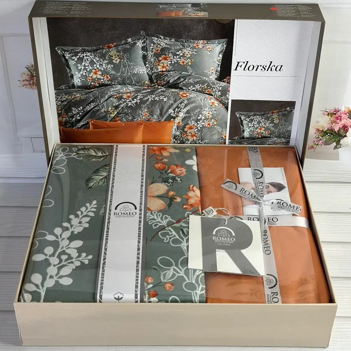 Постільна білизна поплін, Євро розмір, подарункова упаковка, Romeo Home Poplin Florska / Набір постільної білизни