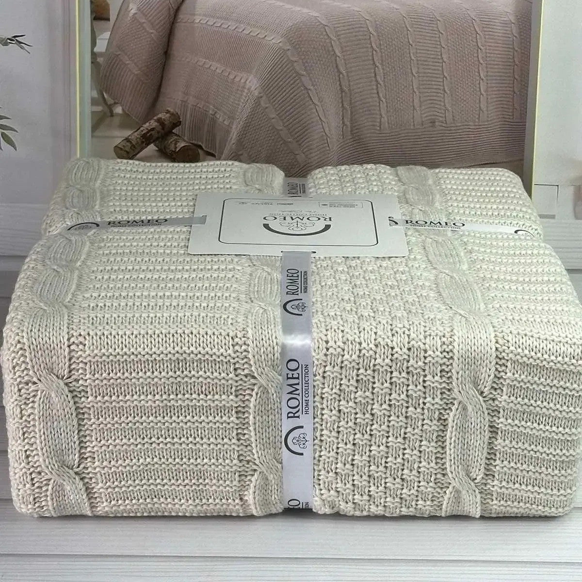 Плед в'язаний акриловий, 220х240 см Romeo Home Erguvan persik, / Покривало акрилове / Ковдра на ліжко