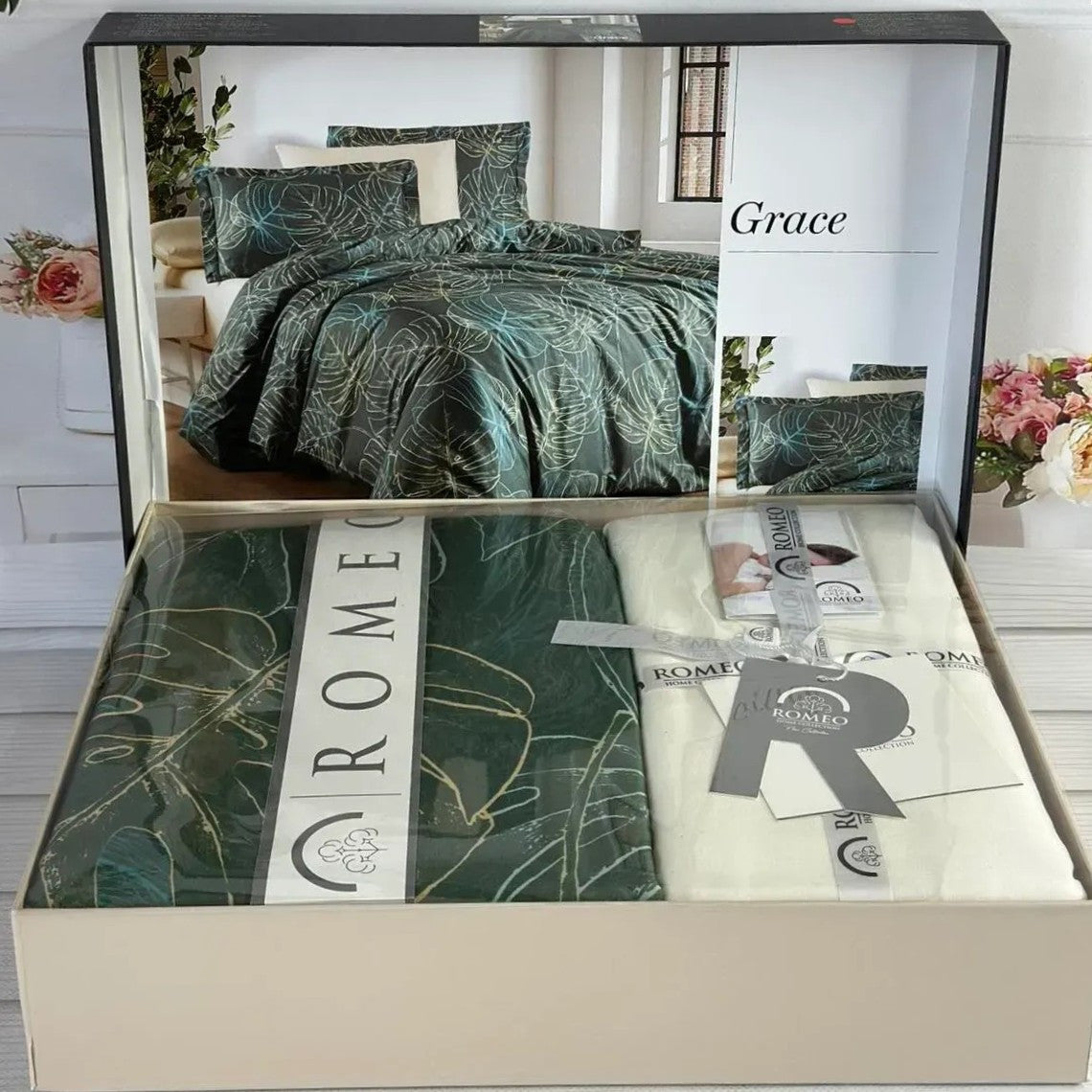 Постільна білизна сатинова, Євро розмір, подарункова упаковка, Romeo Home Grace / Набір постільної білизни