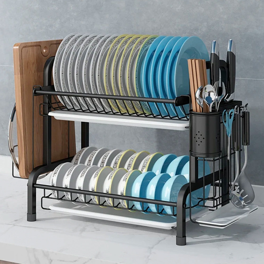Сушарка для посуду з нержавіючої сталі Kitchen rack double deck, Чорний / Стійка настільна для зберігання посуду