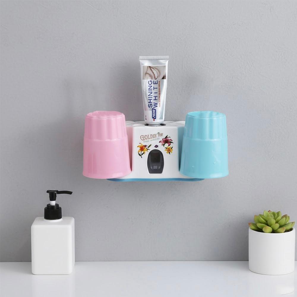 Дозатор для зубної пасти + 2 склянки, Vacuum Automatic Toothpaste, Рожево-блакийтний / Диспенсер для зубної пасти