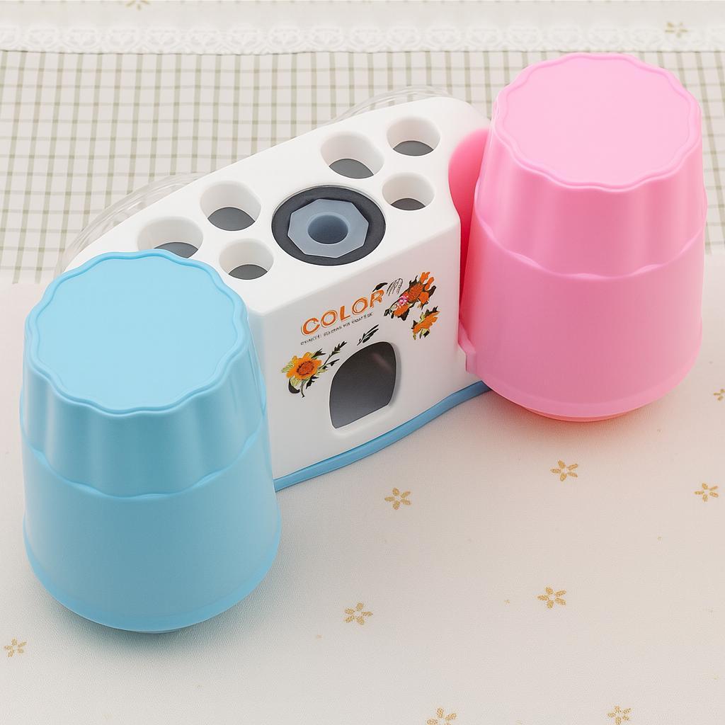 Дозатор для зубної пасти + 2 склянки, Vacuum Automatic Toothpaste, Рожево-блакийтний / Диспенсер для зубної пасти