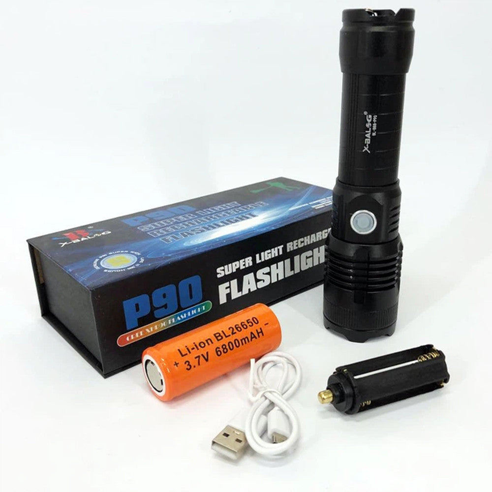 Ручний ліхтарик + Акумулятор, від USB, 20см, X-Balog BL-B88-P90, Чорний / Акумуляторний ліхтар ручний / Світлодіодний ліхтар