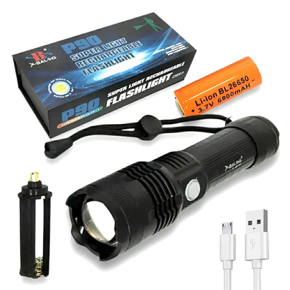 Ручний ліхтарик + Акумулятор, від USB, 20см, X-Balog BL-B88-P90, Чорний / Акумуляторний ліхтар ручний / Світлодіодний ліхтар