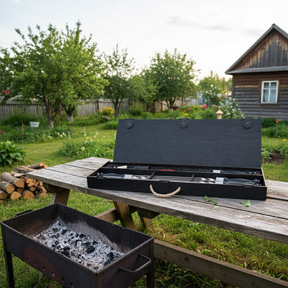 Шашличний набір-комплект 14 предметів, Grills G4, Чорний / Набір шампурів в кейсі / Комплект шампурів в дерев'яному кейсі
