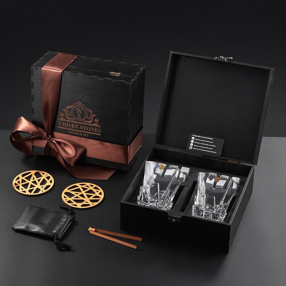 Набір для віскі з камінням 12шт + 2 склянки / Камені для віскі з келихами / Подарунковий набір для віскі