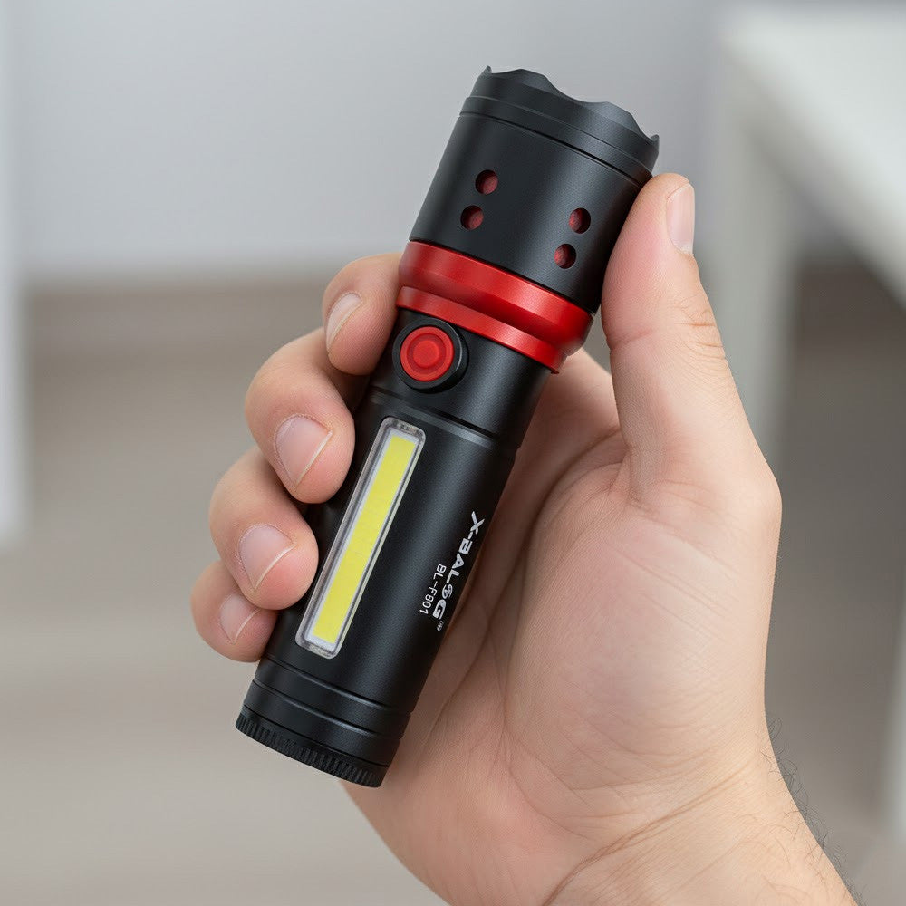 Ручний ліхтар із зумом та бічним світлом, від USB, Bailong BL-F861, Чорний / LED ліхтар / Акумуляторний ліхтарик ручний