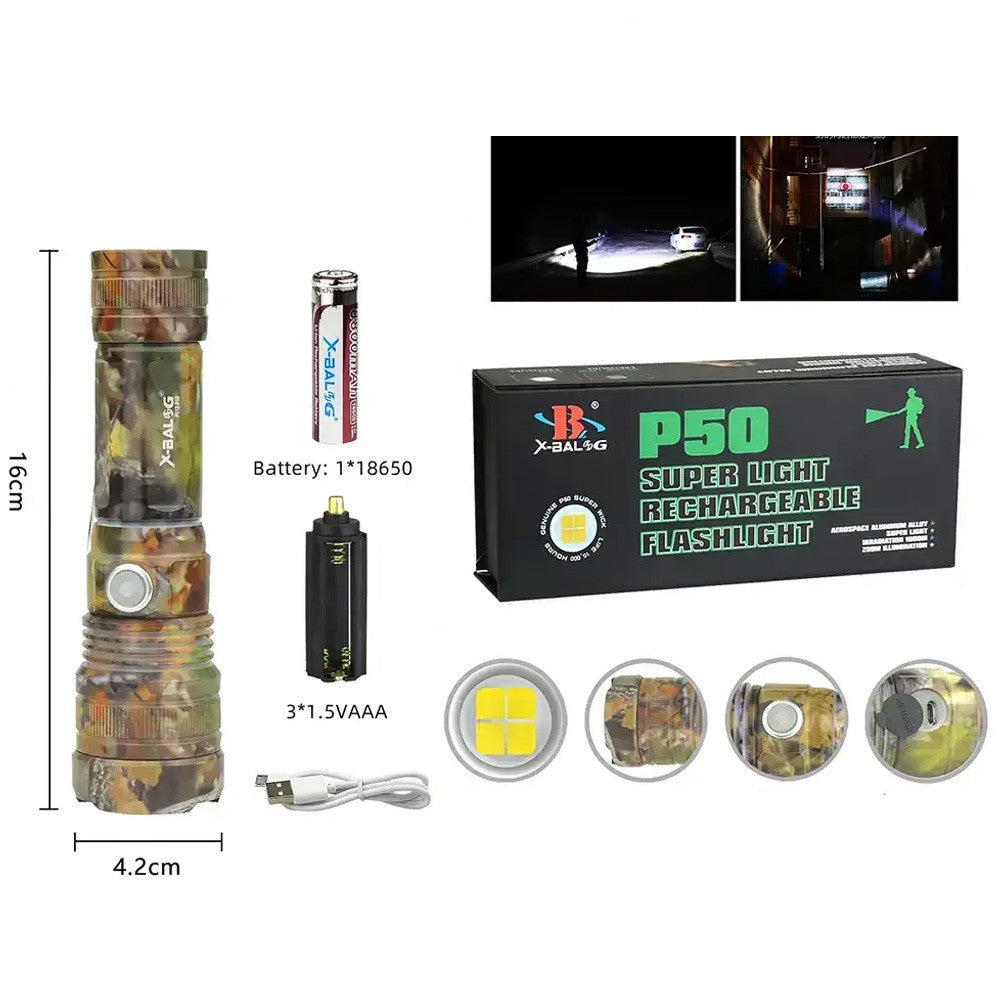 Акумуляторний ручний ліхтар з USB, 5 режимів, Bailong BL-P512M-P50, Камуфляж/ Тактичний ліхтарик із зумом / Потужний ліхтар ручний