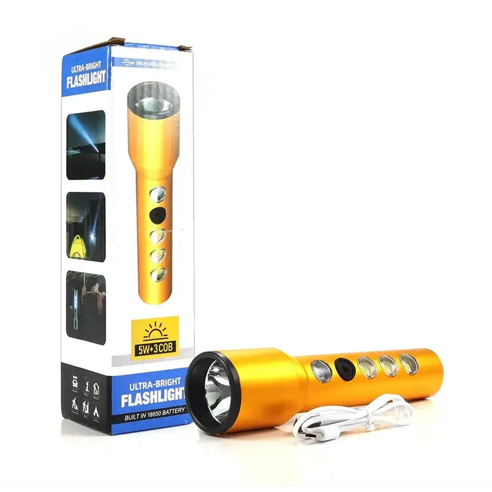 Ручний ліхтар акумуляторний, USB, 5W + 3COB 2102, Золотистий / Світлодіодний LED ліхтарик / Ліхтарик ручний