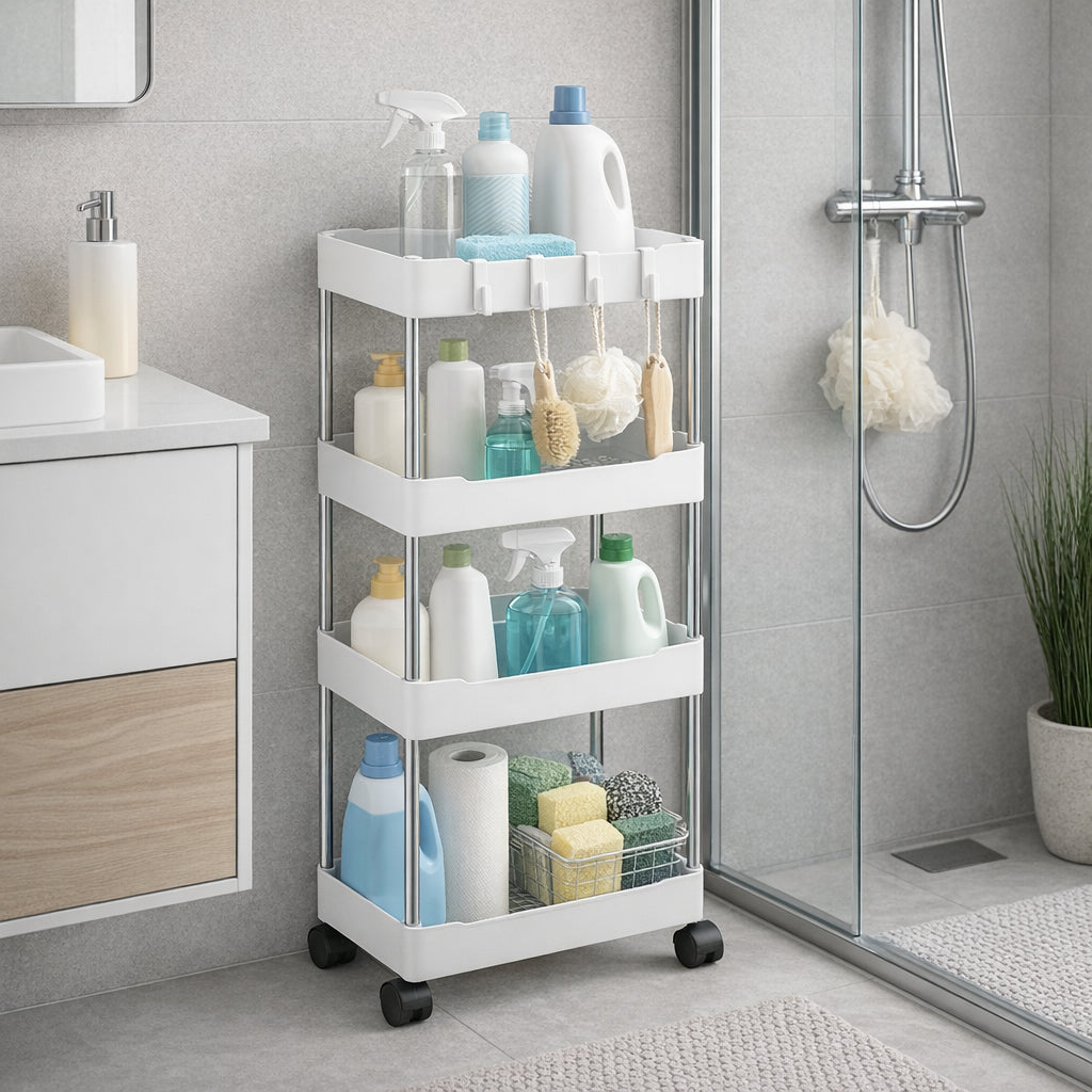 Стелаж на коліщатках 4 ярусний, 80х39х12.5см, Білий / Етажерка у ванну / Полиця на коліщатках / Стелаж на кухню