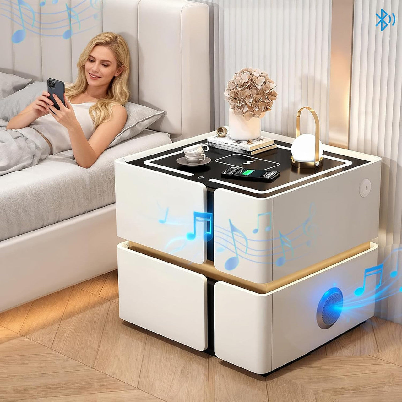 Приліжкова тумбочка з USB, датчиком освітлення, Bluetooth аудіо, 50х48х40см, Сірий / Тумба в спальню / Тумбочка приліжкова