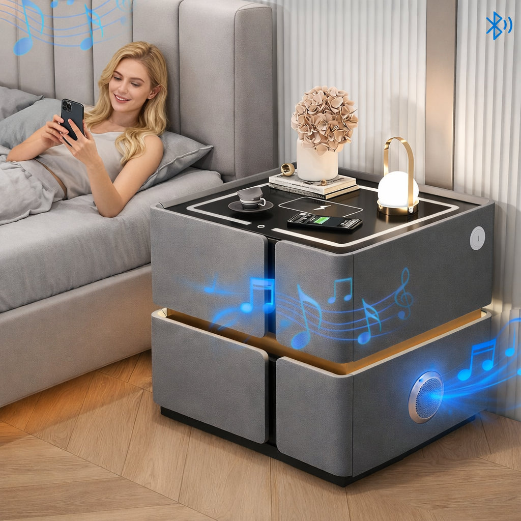 Приліжкова тумбочка з USB, датчиком освітлення, Bluetooth аудіо, 50х48х40см, Сірий / Тумба в спальню / Тумбочка приліжкова