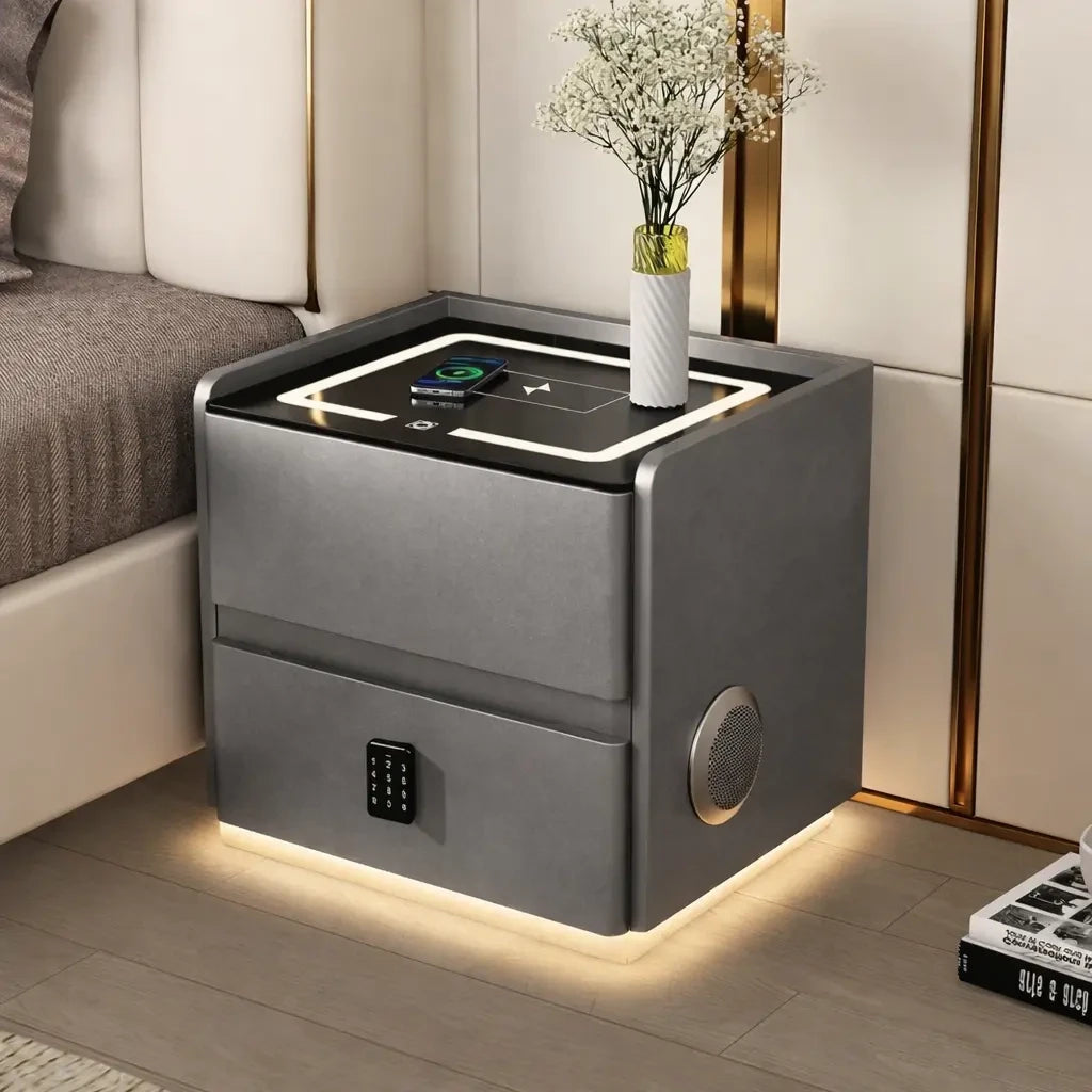 Приліжкова тумбочка з USB, датчиком освітлення, Bluetooth, 50х47х40см, Білий / Тумбочка з кодовим замком / Тумбочка приліжкова