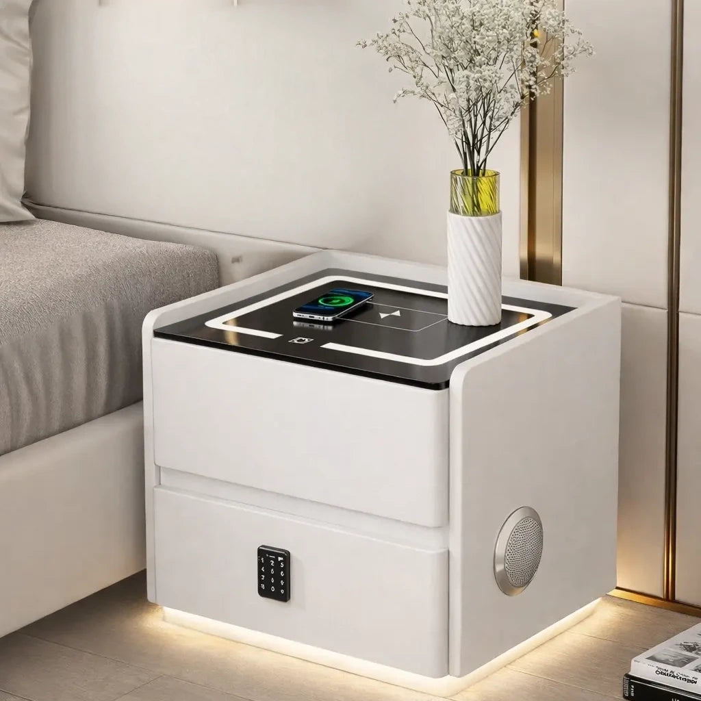 Приліжкова тумбочка з USB, датчиком освітлення, Bluetooth, 50х47х40см, Білий / Тумбочка з кодовим замком / Тумбочка приліжкова