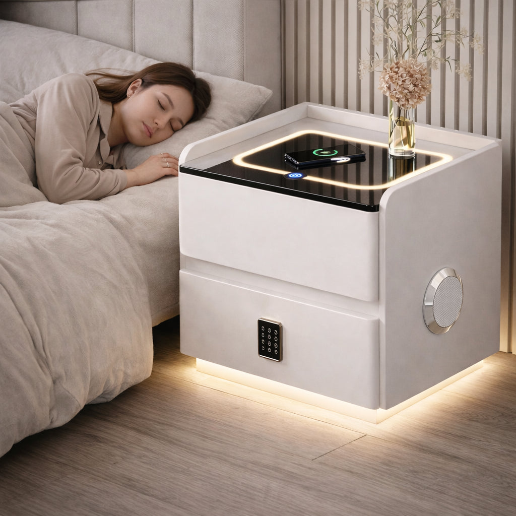 Приліжкова тумбочка з USB, датчиком освітлення, Bluetooth, 50х47х40см, Білий / Тумбочка з кодовим замком / Тумбочка приліжкова
