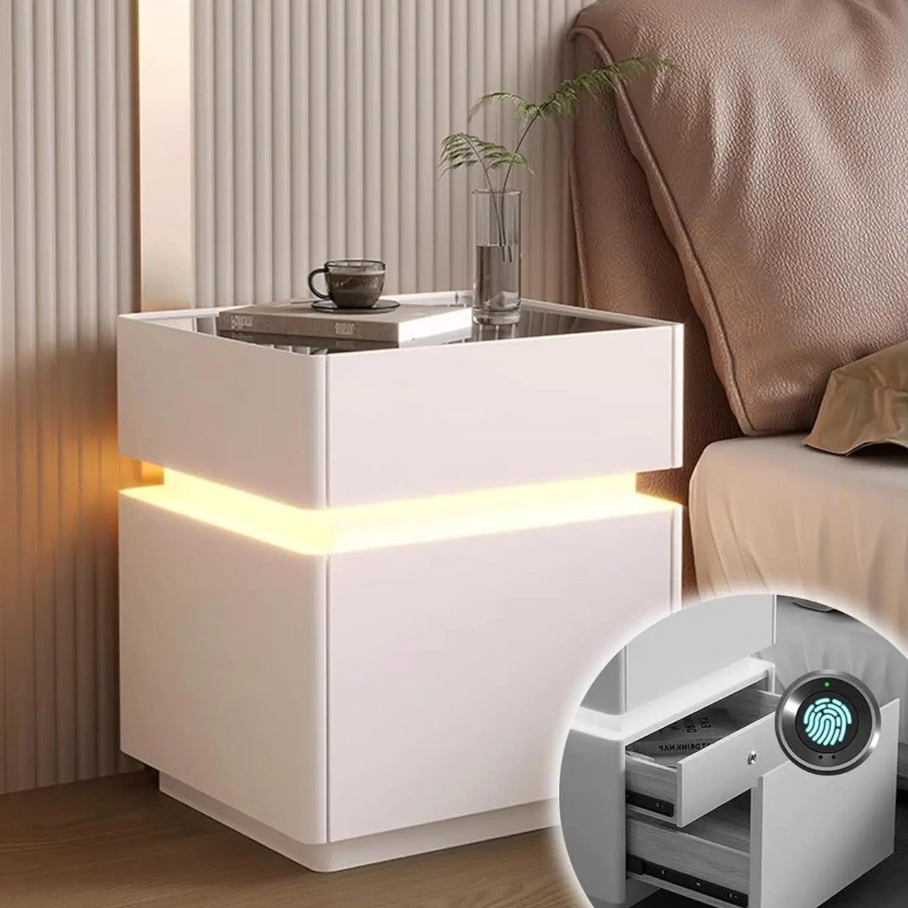 Тумбочка з USB, датчиком освітлення, Bluetooth, з сейфом, 51х40х40см, Білий / Тумбочка розумна / Смарт тумбочка